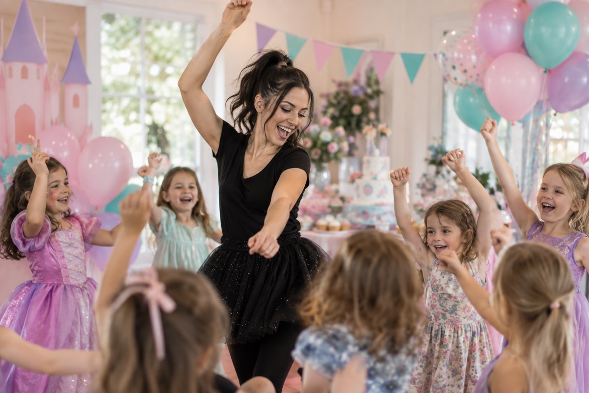 An entertainer dancing with a group of excited children at a colourful birthday party